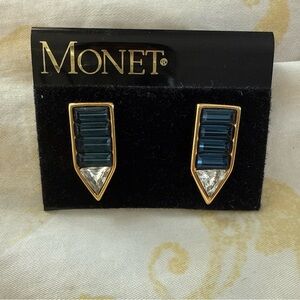Monet Vintage Signed Peirced Earrings Gold Tone Baguette Crystal & Blue Arrow